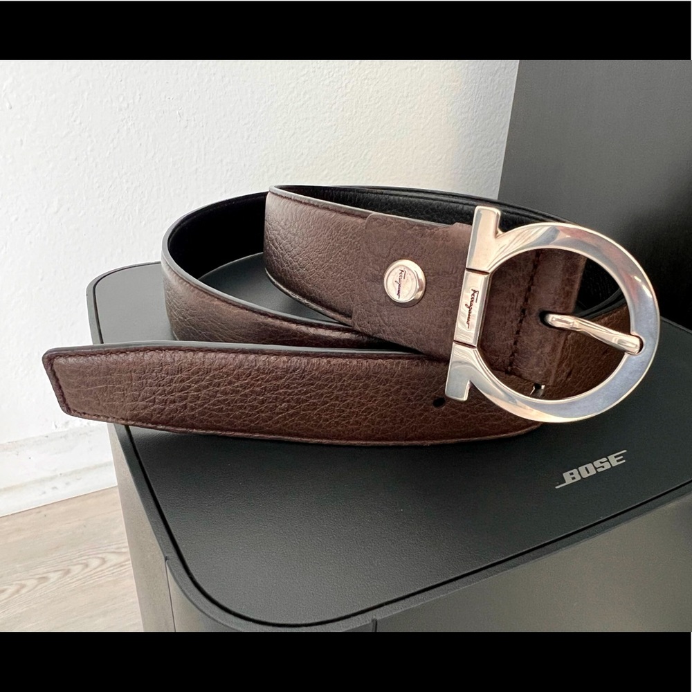 Authentic Salvatore Ferragamo Brown Stamped Leather